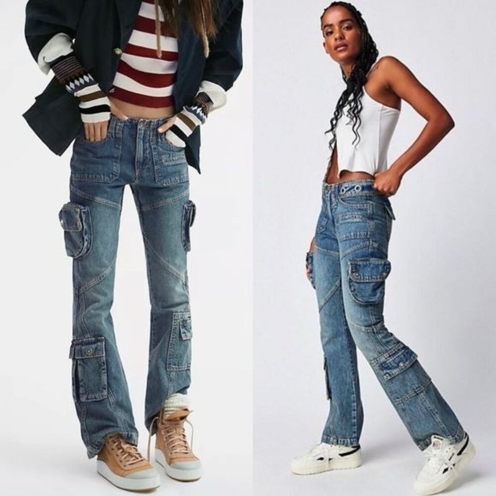 NWT Free People Call Me Crazy Low Rise Flare Leg Cargo Jeans 31 We The Free